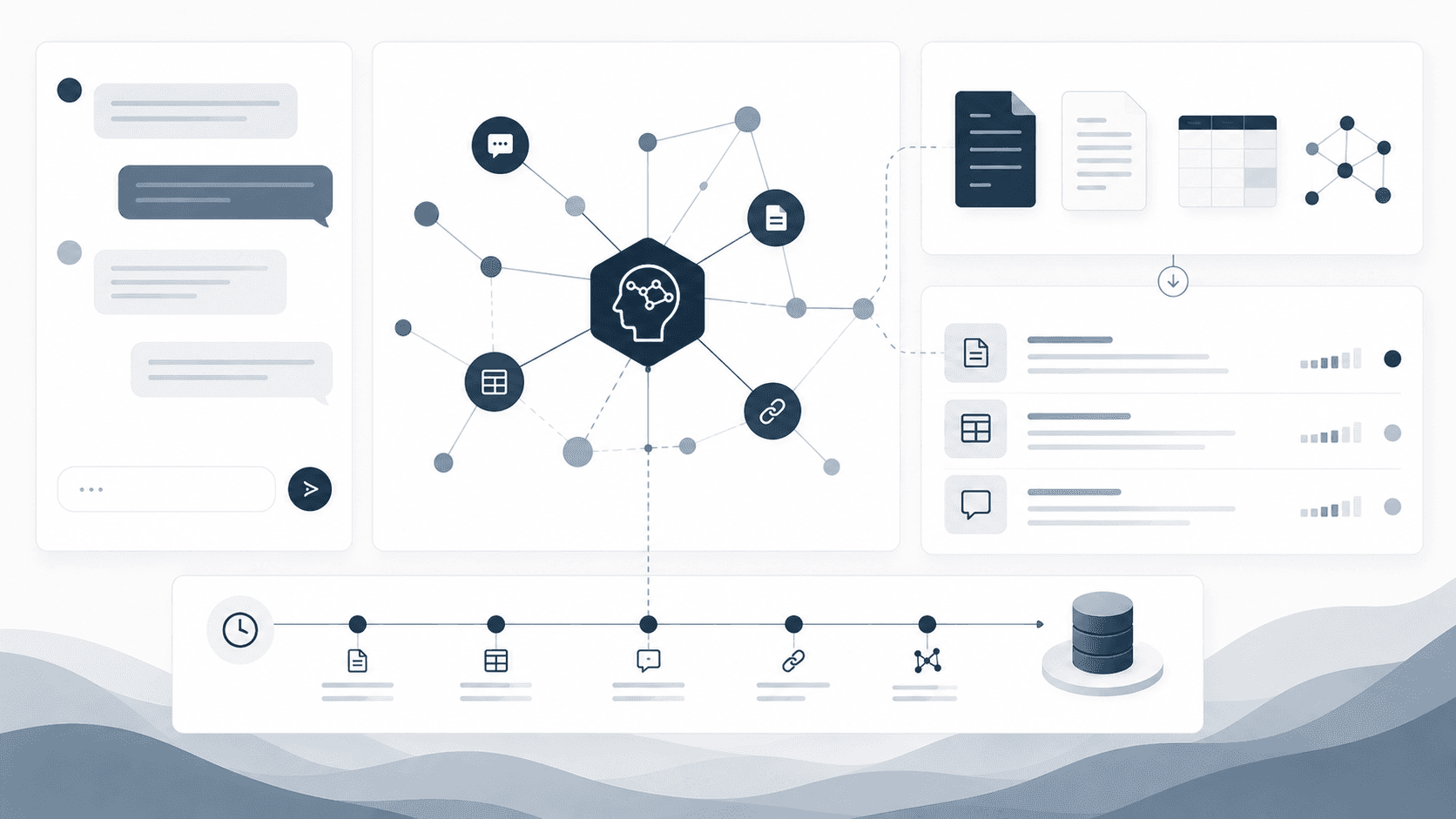 Illustration of the HumemAI product across memory graph, conversation, and retrieval panels