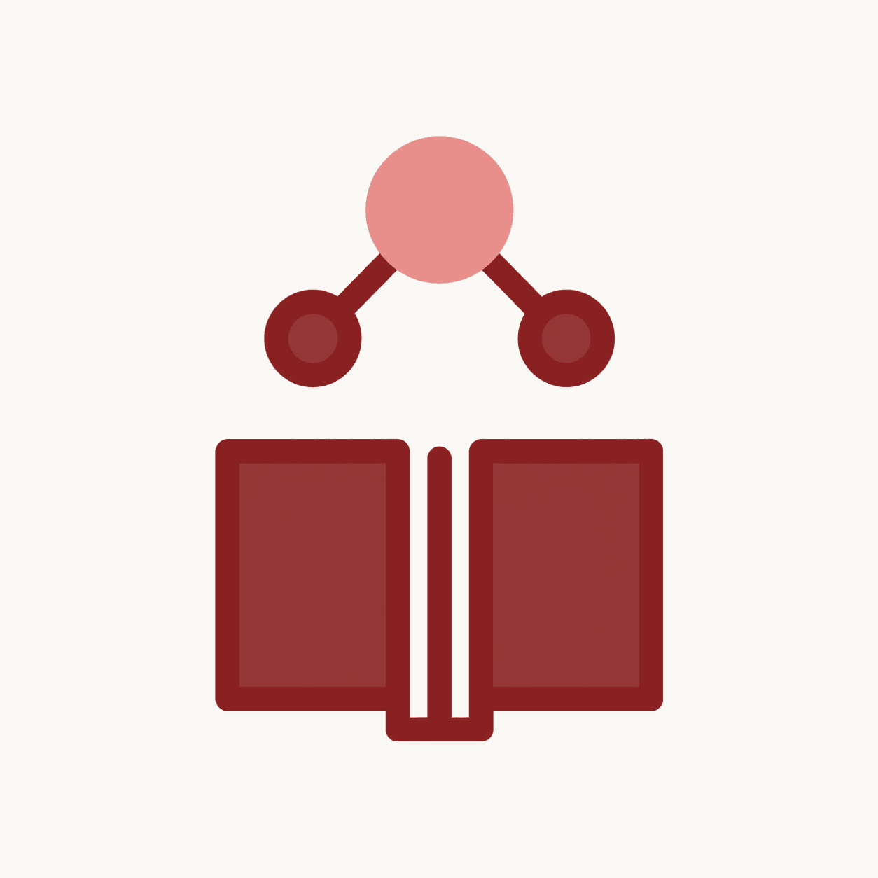 An open book with a small three-node graph above it and a rose node at the top, standing for research written down.