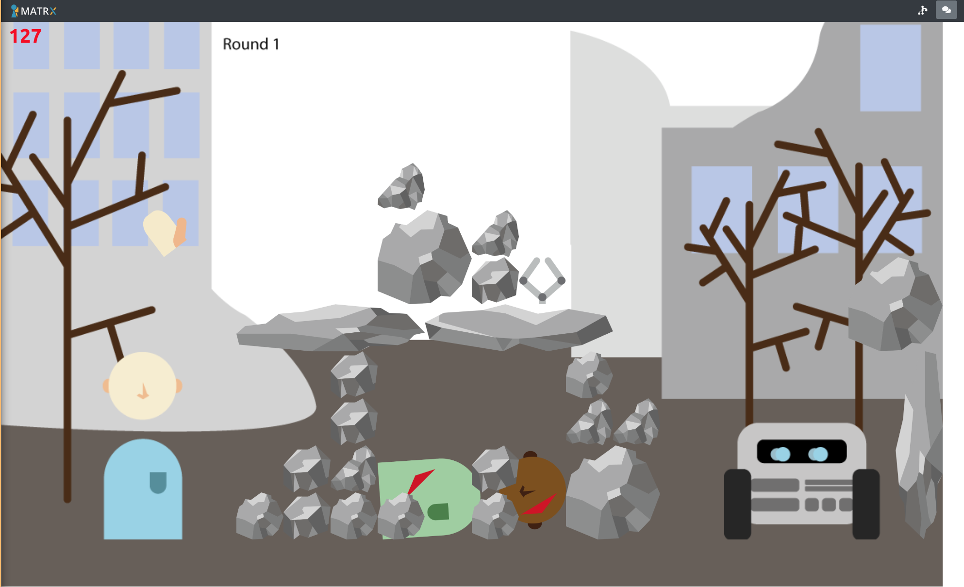 Screenshot of the MATRX USAR simulation with a human and a robot rescuing a victim.